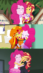 Size: 1220x2076 | Tagged: safe, screencap, character:pinkie pie, character:sunset shimmer, episode:all the world's off stage, episode:the art of friendship, eqg summertime shorts, equestria girls:legend of everfree, g4, my little pony:equestria girls, all the world's off stage: pinkie pie, cute, diapinkes, duo, eyes closed, happy, hug, paint, shimmerbetes, shipping fuel, smiling