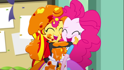 Size: 1920x1080 | Tagged: safe, screencap, character:pinkie pie, character:sunset shimmer, episode:the art of friendship, eqg summertime shorts, g4, my little pony:equestria girls, apron, cheek squish, clothing, cute, duo, hug, laughing, paint, squishy cheeks