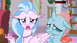 Size: 1280x720 | Tagged: safe, screencap, character:ocellus, character:silverstream, species:changeling, species:hippogriff, species:reformed changeling, episode:the hearth's warming club, g4, my little pony: friendship is magic, boomerang (tv channel), crying, duo, female, jewelry, necklace, sad, teary eyes