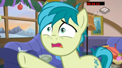 Size: 1280x720 | Tagged: safe, screencap, character:sandbar, species:earth pony, species:pony, episode:the hearth's warming club, g4, my little pony: friendship is magic, boomerang (tv channel), couch, male, solo, teenager, window