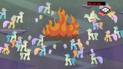 Size: 1280x720 | Tagged: safe, screencap, character:laguna, character:sunspray, species:classical hippogriff, species:hippogriff, episode:the hearth's warming club, g4, my little pony: friendship is magic, background hippogriff, bonfire, boomerang (tv channel), clones, fire, fledgeling, flying, mount aris, three days of freedom, unnamed hippogriff