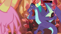 Size: 1024x576 | Tagged: safe, screencap, character:gaius, character:scales, species:dragon, episode:the hearth's warming club, g4, my little pony: friendship is magic, bloodstone scepter, boomerang (tv channel), dragon crown, dragon lord, male, throne, throne slouch