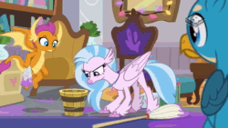 Size: 1024x576 | Tagged: safe, screencap, character:gallus, character:silverstream, character:smolder, episode:the hearth's warming club, g4, my little pony: friendship is magic, animated, behaving like a cat, boomerang (tv channel), bucket, cute, diastreamies, epic fail, fail, no sound, silverstream's bucket, webm