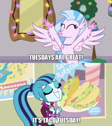 Size: 888x999 | Tagged: safe, screencap, character:silverstream, character:sonata dusk, episode:the hearth's warming club, equestria girls:rainbow rocks, g4, my little pony: friendship is magic, my little pony:equestria girls, food, meme, sonataco, spread wings, taco, taco tuesday, wings
