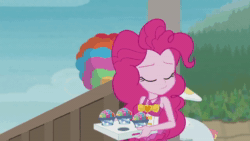 Size: 1280x720 | Tagged: safe, screencap, character:pinkie pie, species:seagull, episode:too hot to handle, g4, my little pony:equestria girls, animated, clothing, geode of sugar bombs, shaved ice, snow cone, sound, swimsuit, webm