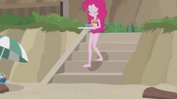 Size: 1280x720 | Tagged: safe, screencap, character:pinkie pie, episode:too hot to handle, g4, my little pony:equestria girls, animated, barefoot, close-up, clothing, feet, fist, hot, ouch, pictures of legs, sand, shaved ice, snow cone, sound, swimsuit, webm