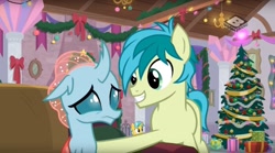 Size: 1673x929 | Tagged: safe, screencap, character:ocellus, character:sandbar, species:changeling, species:earth pony, species:pony, species:reformed changeling, episode:the hearth's warming club, g4, my little pony: friendship is magic, boomerang (tv channel), cute, diaocelles, duo, female, hearth's warming tree, male, sandabetes, smiling, teenager