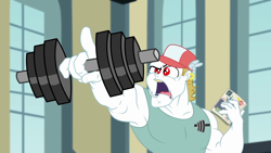 Size: 1920x1080 | Tagged: safe, screencap, character:bulk biceps, episode:all the world's off stage, g4, my little pony:equestria girls, all the world's off stage: micro chips, animation error, dumbbell (object), magazine, objection, solo, weights