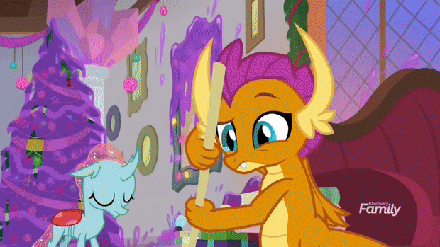 Size: 620x349 | Tagged: safe, screencap, character:ocellus, character:smolder, species:changeling, species:dragon, species:reformed changeling, episode:the hearth's warming club, g4, my little pony: friendship is magic, animated, discovery family logo, dragoness, female, gif, hearth's warming tree, slime