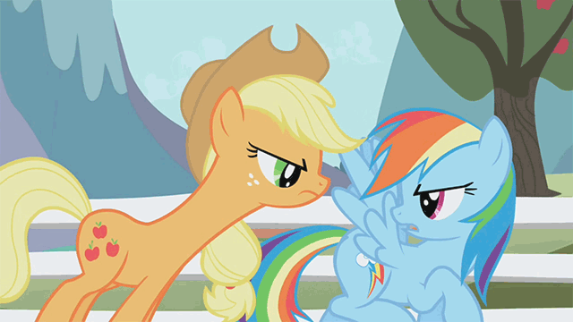 Size: 640x360 | Tagged: safe, screencap, character:applejack, character:rainbow dash, species:earth pony, species:pegasus, species:pony, episode:the ticket master, g4, my little pony: friendship is magic, animated, duo, duo female, female, fence, gif, long neck, mare