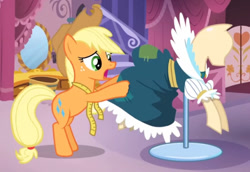 Size: 500x344 | Tagged: safe, screencap, character:applejack, episode:magical mystery cure, g4, my little pony: friendship is magic, clothing, dress, mannequin, ponyquin, solo, swapped cutie marks