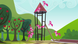 Size: 1280x720 | Tagged: safe, screencap, character:pinkie pie, species:earth pony, species:pony, episode:too many pinkie pies, g4, my little pony: friendship is magic, clones, water tower