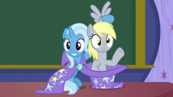 Size: 1920x1080 | Tagged: safe, screencap, character:derpy hooves, character:trixie, species:pegasus, species:pony, species:unicorn, episode:a matter of principals, g4, my little pony: friendship is magic, cape, clothing, cute, derpabetes, diatrixes, female, hat, magic trick, mare, raised hoof, sitting, smiling, trixie's cape, trixie's hat