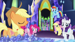Size: 1600x900 | Tagged: safe, screencap, character:applejack, character:fluttershy, character:pinkie pie, character:rainbow dash, character:rarity, character:spike, character:twilight sparkle, character:twilight sparkle (alicorn), species:alicorn, species:dragon, species:pony, episode:a matter of principals, g4, my little pony: friendship is magic, booty call, discovery family logo, glowing cutie mark, mane six, plot, winged spike