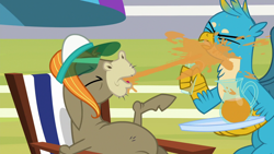 Size: 1280x720 | Tagged: safe, screencap, character:cranky doodle donkey, character:gallus, episode:a matter of principals, g4, my little pony: friendship is magic, spitting