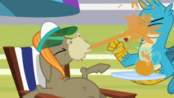 Size: 1280x720 | Tagged: safe, screencap, character:cranky doodle donkey, character:gallus, episode:a matter of principals, g4, my little pony: friendship is magic, spitting