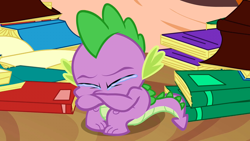 Size: 1280x720 | Tagged: safe, screencap, character:spike, episode:dragon quest, g4, my little pony: friendship is magic, book, crying, golden oaks library, solo, teary eyes