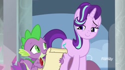 Size: 1920x1080 | Tagged: safe, screencap, character:spike, character:starlight glimmer, species:dragon, episode:a matter of principals, g4, my little pony: friendship is magic, list, quill, scroll, smiling, winged spike