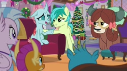 Size: 1920x1080 | Tagged: safe, screencap, character:gallus, character:ocellus, character:sandbar, character:silverstream, character:smolder, character:yona, species:pony, episode:the hearth's warming club, g4, my little pony: friendship is magic, christmas, christmas tree, couch, hearth's warming tree, holiday, student six, tree