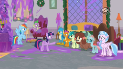 Size: 1024x576 | Tagged: safe, screencap, character:gallus, character:ocellus, character:rainbow dash, character:sandbar, character:silverstream, character:smolder, character:spike, character:twilight sparkle, character:twilight sparkle (alicorn), character:yona, species:alicorn, species:changeling, species:classical hippogriff, species:dragon, species:earth pony, species:griffon, species:hippogriff, species:pegasus, species:pony, species:reformed changeling, species:yak, episode:the hearth's warming club, g4, my little pony: friendship is magic, boomerang (tv channel), chair, dragoness, female, floor, flying, hearth's warming tree, lamp, male, mare, slime, teenager, winged spike
