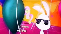 Size: 647x362 | Tagged: safe, screencap, character:angel bunny, character:fluttershy, my little pony: the movie (2017), balloon, captured, cool, end credits, ending, rainbow, song, sunglasses