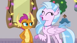 Size: 1920x1080 | Tagged: safe, screencap, character:silverstream, character:smolder, species:classical hippogriff, species:dragon, species:hippogriff, episode:the hearth's warming club, g4, my little pony: friendship is magic, female, hand on hip, happy, raised eyebrow