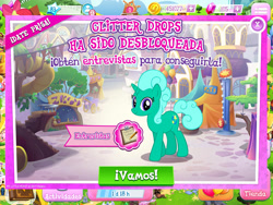 Size: 1080x810 | Tagged: safe, gameloft, screencap, character:apple bloom, character:glitter drops, species:pony, species:unicorn, female, game screencap, gem, mare, spanish
