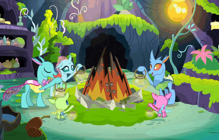 Size: 701x451 | Tagged: safe, screencap, character:ocellus, species:changeling, species:reformed changeling, episode:the hearth's warming club, g4, my little pony: friendship is magic, animated, axilla, carapace (character), caroling, changeling hive, epic fail, fail, firefly lamp, hearth's warming, hoof hold, lantern, literal, lumbar, nymph, present, singing, spiracle