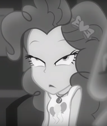 Size: 538x632 | Tagged: safe, screencap, character:pinkie pie, episode:rarity investigates: the case of the bedazzled boot, g4, my little pony:equestria girls, cropped, faec, geode of sugar bombs, grayscale, monochrome, noir, offscreen character, rarity investigates (eqg): pinkie pie, solo