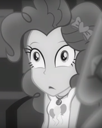 Size: 513x637 | Tagged: safe, screencap, character:pinkie pie, episode:rarity investigates: the case of the bedazzled boot, g4, my little pony:equestria girls, cropped, faec, geode of sugar bombs, grayscale, monochrome, noir, offscreen character, rarity investigates (eqg): pinkie pie, solo