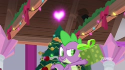 Size: 1920x1080 | Tagged: safe, screencap, character:spike, species:dragon, episode:the hearth's warming club, g4, my little pony: friendship is magic, cloak, clothing, fire of friendship, hearth's warming tree, present, winged spike