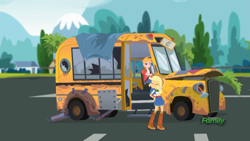 Size: 1366x768 | Tagged: safe, screencap, character:applejack, character:big mcintosh, episode:get the show on the road, eqg summertime shorts, g4, my little pony:equestria girls, broken, bus, the rainbooms tour bus, tree branch, what could possibly go wrong