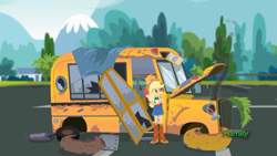 Size: 1366x768 | Tagged: safe, screencap, character:applejack, character:big mcintosh, episode:get the show on the road, eqg summertime shorts, g4, my little pony:equestria girls, broken, bus, fail, sad, shocked, the rainbooms tour bus, tree branch