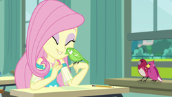 Size: 1280x720 | Tagged: safe, screencap, character:fluttershy, species:bird, episode:a little birdie told me, g4, my little pony:equestria girls, canterlot high, classroom, cute, desk, eyes closed, eyeshadow, geode of fauna, makeup, paper, pencil, shyabetes, smiling, snuggling, window