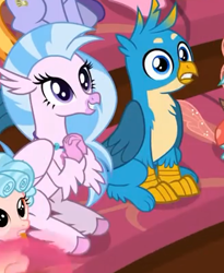 Size: 327x398 | Tagged: safe, screencap, character:cozy glow, character:gallus, character:silverstream, species:classical hippogriff, species:griffon, species:hippogriff, species:pegasus, species:pony, episode:a matter of principals, g4, my little pony: friendship is magic, claws, cropped, female, filly, male, paws, sitting, varying degrees of want, wings