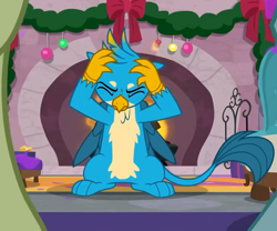 Size: 648x540 | Tagged: safe, screencap, character:gallus, species:griffon, episode:the hearth's warming club, g4, my little pony: friendship is magic, claws, cropped, eyes closed, fire, fireplace, male, paws, solo focus, tail, upset, wings