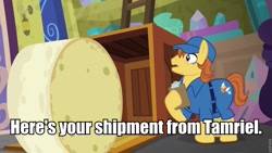 Size: 960x540 | Tagged: safe, screencap, episode:a matter of principals, g4, my little pony: friendship is magic, bulk shipment, cheese wheel, crate, delivery pony, image macro, limburger cheese, meme, silly, skyrim, tamriel, the elder scrolls