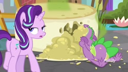 Size: 1920x1080 | Tagged: safe, screencap, character:spike, character:starlight glimmer, species:dragon, species:pony, episode:a matter of principals, g4, my little pony: friendship is magic, cheese, food, limburger cheese, plot, spikeabuse, winged spike
