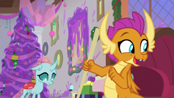 Size: 1280x720 | Tagged: safe, screencap, character:ocellus, character:smolder, species:changeling, species:dragon, species:reformed changeling, episode:the hearth's warming club, g4, my little pony: friendship is magic, cute, dragoness, duo, female, hearth's warming tree, slime, smolderbetes