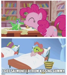 Size: 943x1058 | Tagged: safe, edit, edited screencap, screencap, character:gummy, character:pinkie pie, species:earth pony, species:pony, episode:applebuck season, episode:the lost treasure of griffonstone, g4, my little pony: friendship is magic, alligator, bad end, cherry punch, comic, female, green face, mare, reality ensues, salmonella, screencap comic, sick