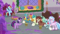 Size: 1920x1080 | Tagged: safe, screencap, character:gallus, character:ocellus, character:rainbow dash, character:sandbar, character:silverstream, character:smolder, character:spike, character:twilight sparkle, character:twilight sparkle (alicorn), character:yona, species:alicorn, species:dragon, species:pony, episode:the hearth's warming club, g4, my little pony: friendship is magic, bucket, mop, slime, student six, winged spike