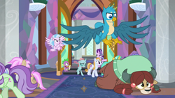 Size: 1280x720 | Tagged: safe, screencap, character:gallus, character:ocellus, character:silverstream, character:smolder, character:spike, character:starlight glimmer, character:yona, species:changeling, species:classical hippogriff, species:dragon, species:earth pony, species:griffon, species:hippogriff, species:pegasus, species:pony, species:reformed changeling, species:unicorn, species:yak, episode:school daze, g4, my little pony: friendship is magic, background pony, bow, cloven hooves, dragoness, female, hair bow, jewelry, male, necklace, wings