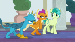 Size: 1280x720 | Tagged: safe, screencap, character:gallus, character:sandbar, character:smolder, species:dragon, species:earth pony, species:griffon, species:pony, episode:school daze, g4, my little pony: friendship is magic, dragoness, female, male, teenager, trio, walking