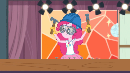 Size: 538x302 | Tagged: safe, screencap, character:pinkie pie, episode:constructive criticism, g4, my little pony:equestria girls, animated, building, constructive criticism: pinkie pie, goggles, hammer, hard hat, hat, lights, nails, pinkie being pinkie, song of my people