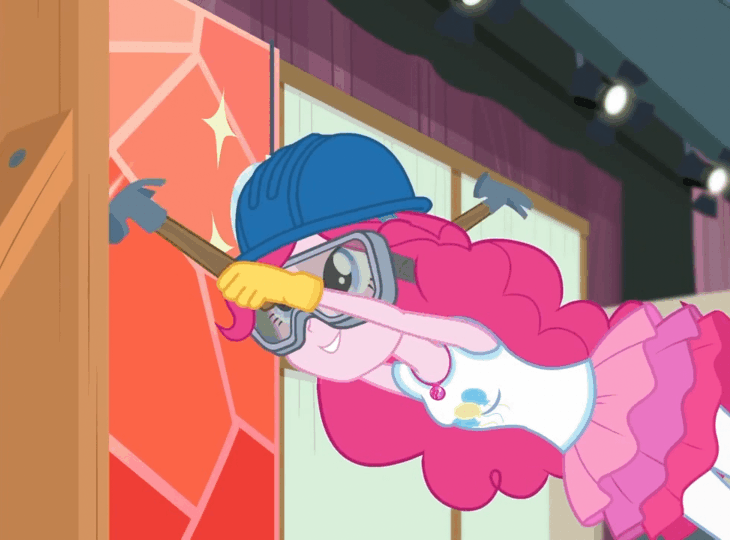 Size: 730x540 | Tagged: safe, screencap, character:pinkie pie, episode:constructive criticism, g4, my little pony:equestria girls, animated, building, constructive criticism: pinkie pie, geode of sugar bombs, goggles, hammer, hard hat, hat, lights, nails, pinkie being pinkie, pinkie physics