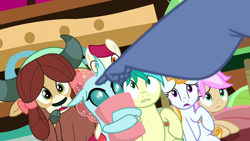 Size: 1280x720 | Tagged: safe, screencap, character:iron will, character:ocellus, character:sandbar, character:strawberry scoop, character:summer meadow, character:yona, episode:a matter of principals, g4, my little pony: friendship is magic, friendship student, pointing, scared