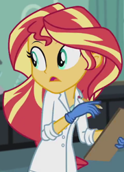 Size: 382x527 | Tagged: safe, screencap, character:sunset shimmer, episode:the science of magic, equestria girls:friendship games, g4, my little pony:equestria girls, clipboard, clothing, cropped, gloves, lab coat, latex, pencil, rubber gloves, solo, sunset the science gal
