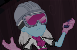 Size: 1180x768 | Tagged: safe, screencap, character:photo finish, episode:constructive criticism, g4, my little pony:equestria girls, constructive criticism: photo finish, cropped, hard hat, hat, remote control, safety goggles, solo