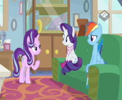 Size: 704x576 | Tagged: safe, screencap, character:rainbow dash, character:rarity, character:starlight glimmer, episode:the end in friend, g4, my little pony: friendship is magic, animated, boomerang (tv channel), boots, couch, glitter boots, shoes, sound, starlight's office, webm