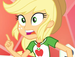Size: 1002x756 | Tagged: safe, screencap, character:applejack, episode:constructive criticism, g4, my little pony:equestria girls, constructive criticism: rainbow dash, cropped, faec, geode of super strength, listen here you little, solo, teeth
